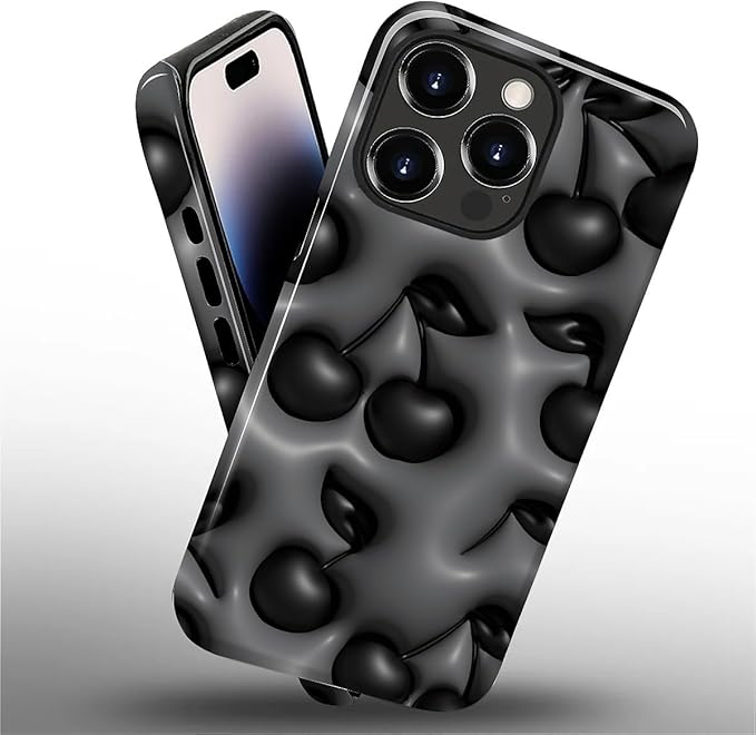 for iPhone 14 Pro Max Case,HL2 Cute Cool Cherry Black Hybrid 2 Layer Hard Shell Silicone Protective Pattern Design Case