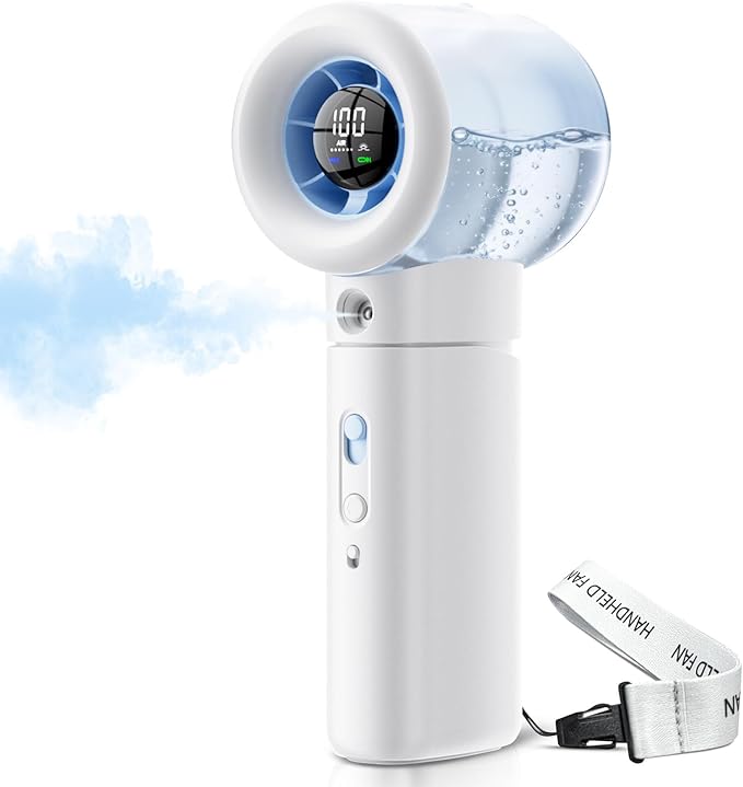 Portable Misting Fan Handheld Powerful Turbo Fan, 100 Speeds, 6000mAh Rechargeable Battery, LED Display, Spray Mist Personal Mini Fan for Travel, Beach, Outdoor Camping (Snow White)
