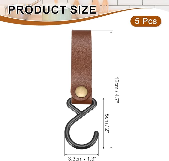 uxcell 5pcs PU Leather Hooks, Leather Straps with Hooks, S-Shape Hooks for Outdoor Camping Hanging Pots Pans Utensils Brown