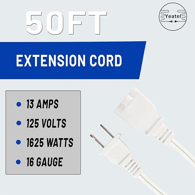 50FT White Extension Cord,2 Prong Extension Cords Indoor,16 Gauge SPT-2 Flat Power Cable,Lightweight Design for Yard, Garden,Lights,ETL Listed(13A 125V)