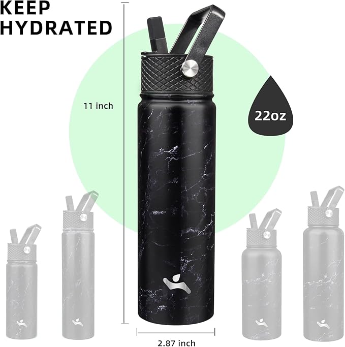 Konokyo 22oz Stainless Steel Bottles with 3 Lids Sport Insulated Water Bottle,Marble Midnight