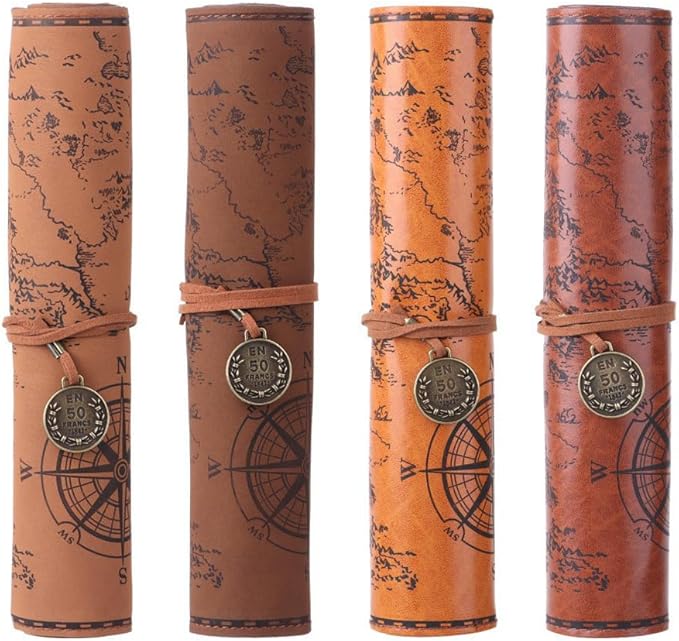 4 Color Leather Pen Case Vintage Pencil Bag Roll Map Compass Pattern Rolling Brown Matte Smooth Cover Storage Organizer Holder Portable Stationery Pouch for Artists Writers Travel