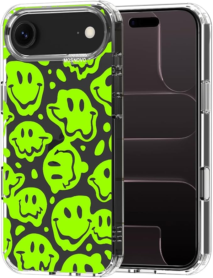 MOSNOVO for iPhone Air Case | Military Grade 6.6ft Drop Tested | Camera Control | Clear with Distorted Green Smiles Face Design