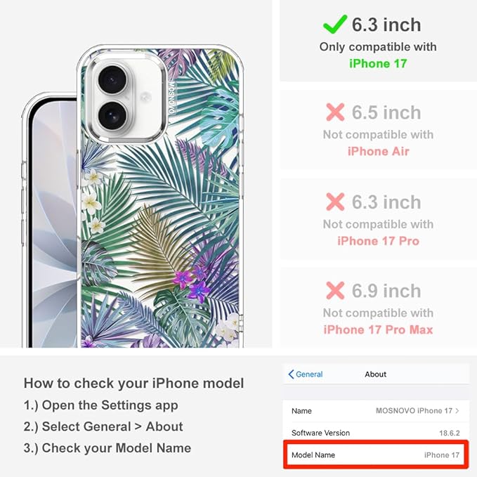 MOSNOVO for iPhone 17 Case | Military Grade 6.6ft Drop Tested | Camera Control | Clear with Tropical Rainforests Design