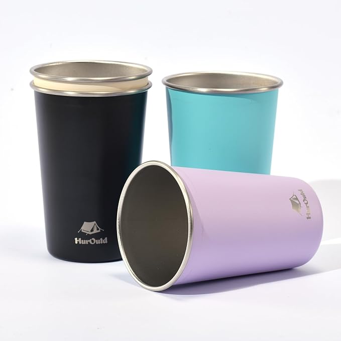 4 Pack Stainless Steel Cups 16oz - Colorful Stackable Metal Drinking Glasses for Camping, Travel, Shatterproof Tumblers