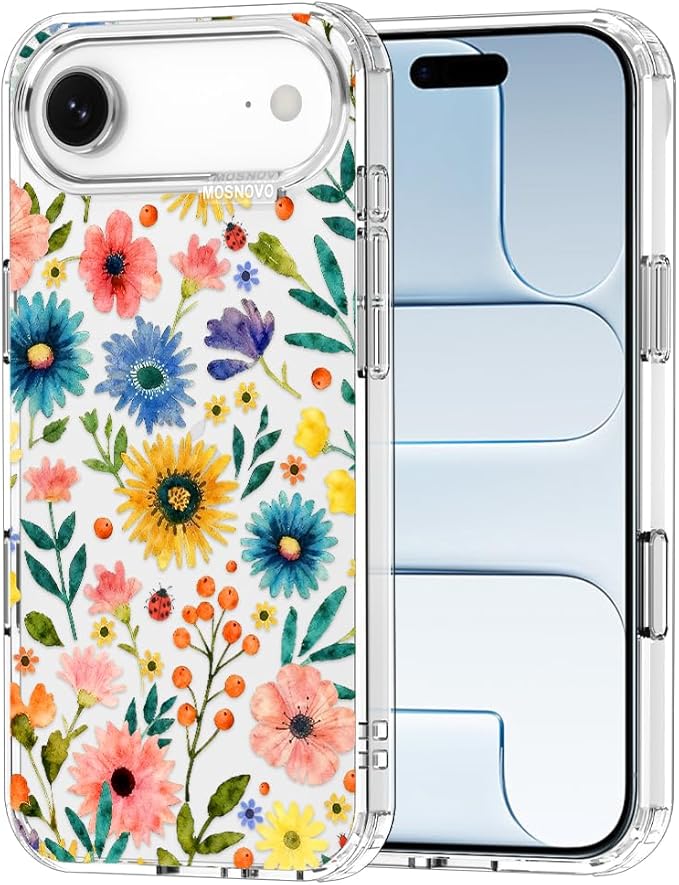 MOSNOVO for iPhone Air Case, Shockproof Military-Grade Protection 6.6ft Drop Tested, Camera Control, Clear Phone Case for iPhone 17 Air, Wildflower Bloom Design