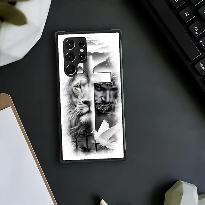 for Samsung Galaxy S22 Ultra Case, Lion Cross Jesus Christ Dove Pattern Graphic Design Girl Boy Soft Silicone Hard Acrylic Shock Protection for Samsung Galaxy S22 Ultra