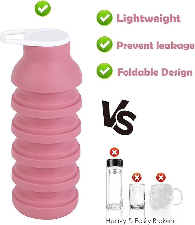 Collapsible Silicone Water Bottle - 20oz Foldable, Leakproof, BPA-Free - for Gym, Travel & Daily Use (Pink)