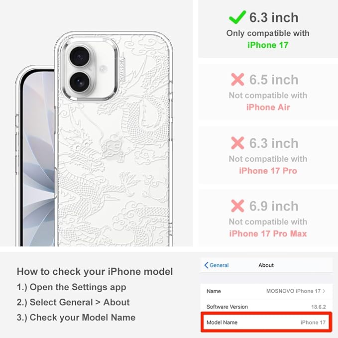 MOSNOVO for iPhone 17 Case | Military Grade 6.6ft Drop Tested | Camera Control | Clear with White Dragon Design