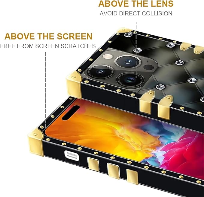 Compatible with iPhone 15 Pro Case, Shiny Black Sofa Crystal Luxury Golden Decoration for Girl Women Soft TPU Shockproof Protective Hard PC Back for iPhone 15 Pro