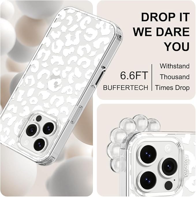 MOSNOVO Case for iPhone 16 Pro Max, [Buffertech 6.6ft Military-Grade Drop Protection] [Anti Peel Off Tech] Clear TPU Bumper Phone Case Cover Design - White Leopard Print
