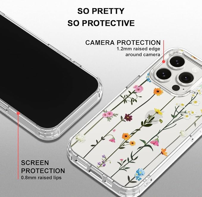 MOSNOVO Case for iPhone 15 Pro, [Buffertech 6.6ft Military-Grade Drop Protection] [Anti Peel Off Tech] Clear TPU Bumper Phone Case Cover Design - Wildflowers