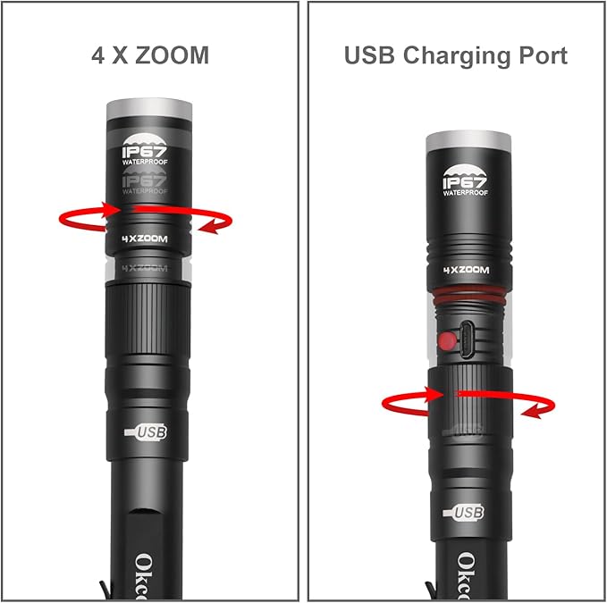 okcomuy Rechargeable LED Pen Light Flashlight,300 Lumens IP67 Waterproof with Pocket Clip 4-Zoomable| 3 Modes, Prefect Pocket Small Flashlight for Inspection,Work,Repair,Camping