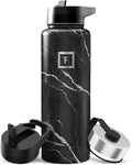 IRON °FLASK Camping & Hiking Hydration Flask with Straw, Wide Mouth Insulated Stainless Steel Sports Water Bottle - 40 oz Black Marquina