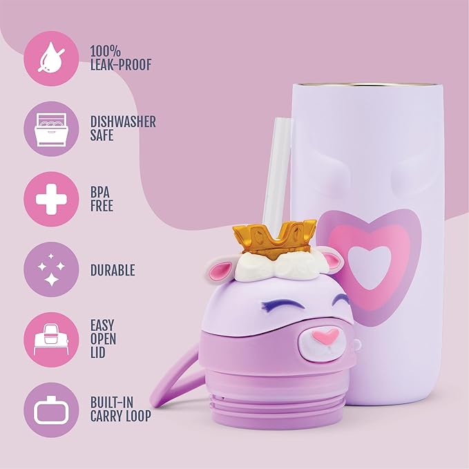 Ello Ellies 12oz Vacuum Insulated Stainless Steel Kids Water Bottle with Straw and Built-in Carrying Handle and Leak-Proof Locking Lid for School Backpack, Lunchbox and Outdoor Sports, Lamb Princess
