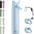 26oz Insulated Water Bottle with 2-in-1 Straw and Spout Lid, 304 Stainless Steel Water Bottle Keep Cold for 24H,Leak-Proof,Sports Water Bottle with Braided Carry Strap for Travel,Outdoors,Sky Blue