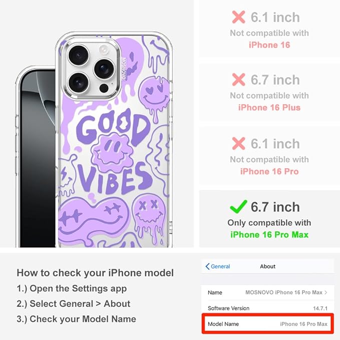 MOSNOVO Case for iPhone 16 Pro Max, [Buffertech 6.6ft Military-Grade Drop Protection] [Anti Peel Off Tech] Clear TPU Bumper Phone Case Cover Design - Good Vibes