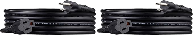 Amazon Basics Extension Cord, 10 Ft, 3-Prong Outlet Extender, Indoor, 13 Amps, 125V, Black, 2-Pack