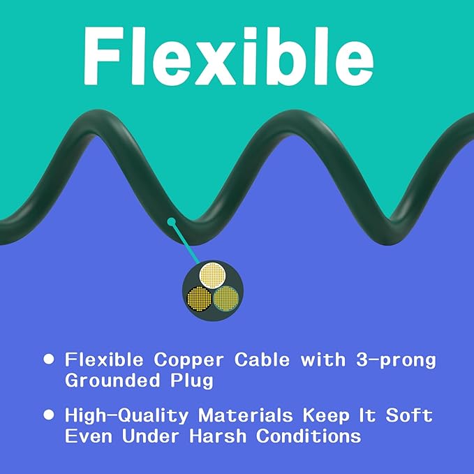 Indoor Outdoor Extension Cord 10 FT, 16/3 SJTW Weatherproof Green Electrical Cords, 13 AMP Heavy Duty 3 Prong Power Cable Great for Garden, Landscaping & Holiday Decorations