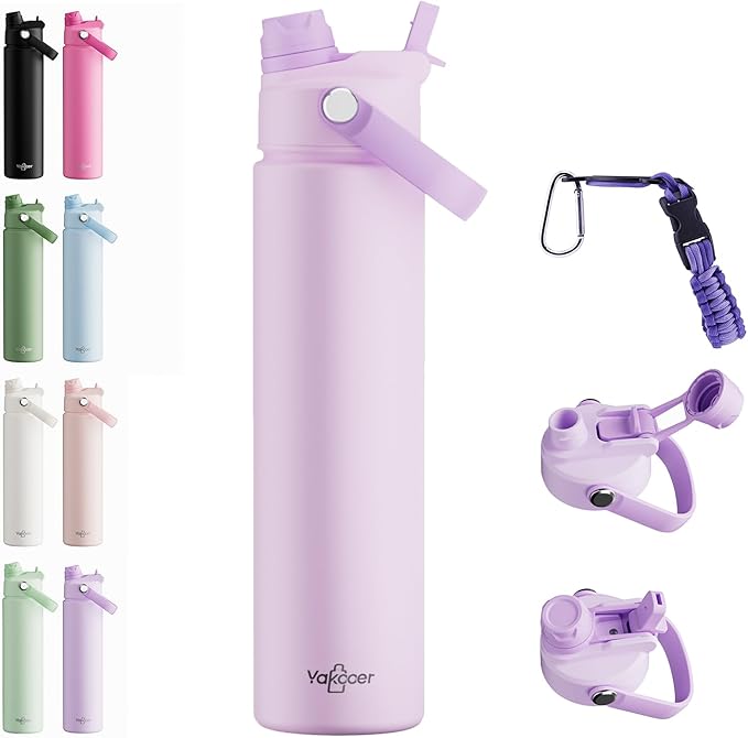 26oz Insulated Water Bottle with 2-in-1 Straw and Spout Lid, 304 Stainless Steel Water Bottle Keep Cold for 24H,Leak-Proof,Sports Water Bottle with Braided Carry Strap for Travel,Outdoors,Light Purple