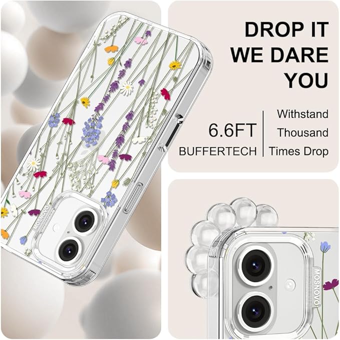 MOSNOVO Case for iPhone 16, [Buffertech 6.6ft Military-Grade Drop Protection] [Anti Peel Off Tech] Clear TPU Bumper Phone Case Cover Design - Floral Garden