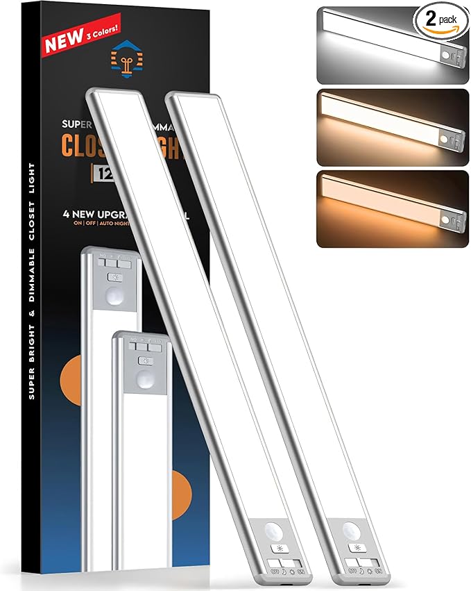 Reoshine 126 LED Under Cabinet Lighting Wireless, 2500mAh Rechargeable Closet Lights Motion Sensored, 3 Color Temps, Dimmable Magnetic Light Bar for Kitchen, Pantry, Stair (2 Pack)