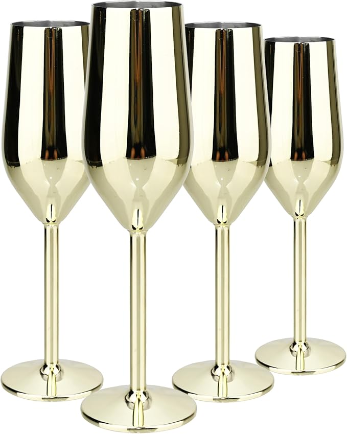 TJ Unbreakable 8 Oz Stainless Steel Champagne Flutes (4 Pack)- Gold Champagne Glasses - Reusable Indoor Outdoor Drinkware - Keeps Drink Cool for Longer - Gift Idea