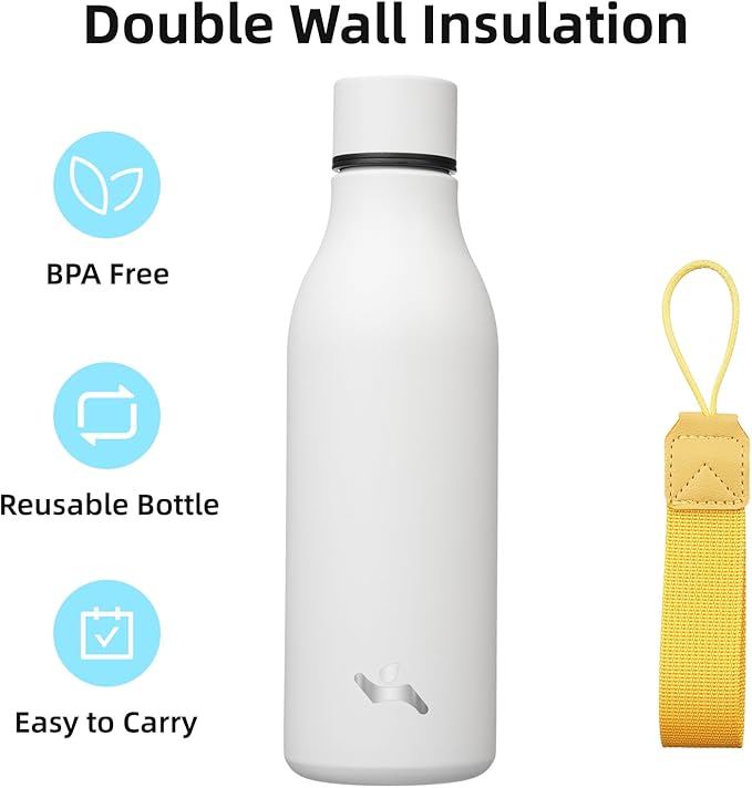 Konokyo Insulated Water Bottle with Strap,18 oz Double Wall Stainless Steel Vacuum Bottles Metal Water Flask,White