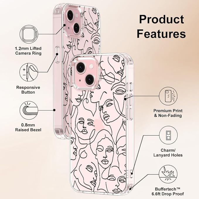 MOSNOVO Case for iPhone 15, [Buffertech 6.6ft Military-Grade Drop Protection] [Anti Peel Off Tech] Clear TPU Bumper Phone Case Cover Design - Abstract Face Line Art