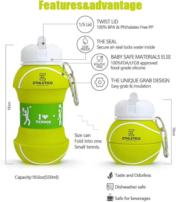 Collapsible Water Bottles with Carabiner Food Grade Sports Water Bottle for Gift Kids Folding Water Bottle for Hiking, School, GYM, School, Sports and Traveling 19oz/550ml (Tennis Ball)