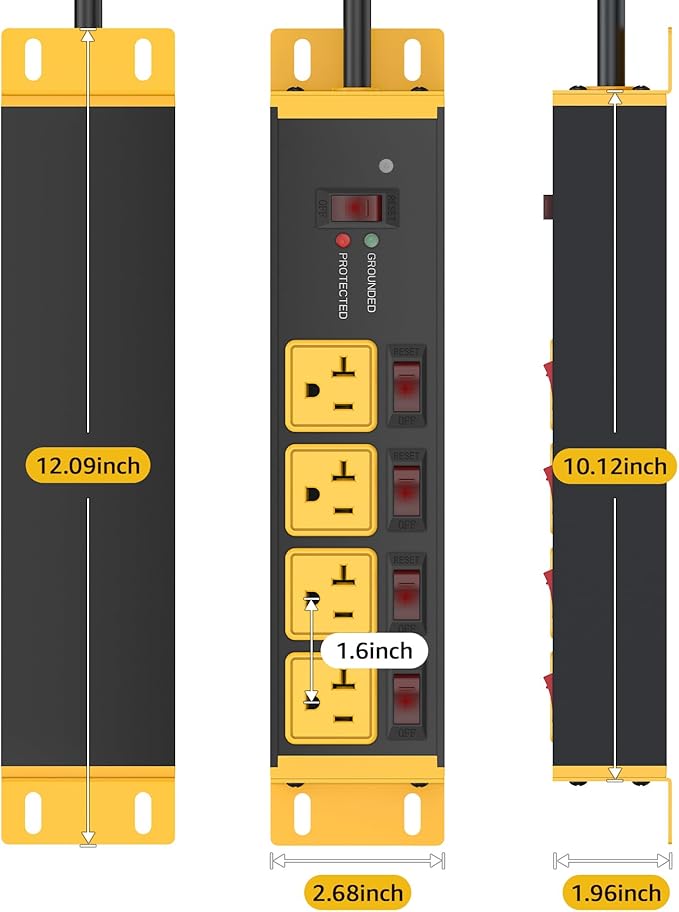 CCCEI Heavy Duty Surge Protector Power Strip 20 Amp Individual Switches. 12FT 12 Gauge Extension Cord with Multiple Outlets. Kitchen, Garage, Shop, Industrial Wall Mount Electric Extender, Yellow.