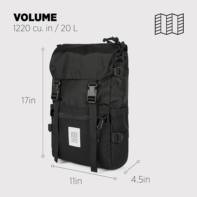 Topo Designs Rover Pack Classic - Daily Daypack for Commutes, Day Trips, Hikes, Iconic Denver Design, Recycled Nylon Durable Construction, PFAS-Free, Fair Trade, BlueSign Approved (Black/Black)