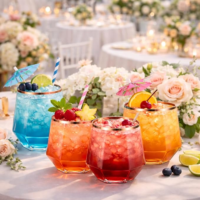 Oojami 40 Pack Diamond Stemless Plastic Wine Glasses Rose Gold Rim, 12 oz Disposable Shatterproof Cups - Unbreakable BPA-Free Recyclable for Weddings Parties Birthday Champagne Whiskey Cocktail