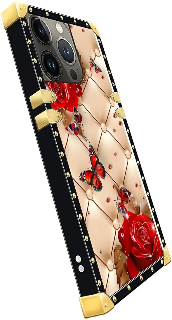 Compatible with iPhone 15 Pro Max Case, Shining Red Rose Butterfly Leather Background Luxury Golden Decoration for Girl Women Soft TPU Shockproof Protective Hard PC Back