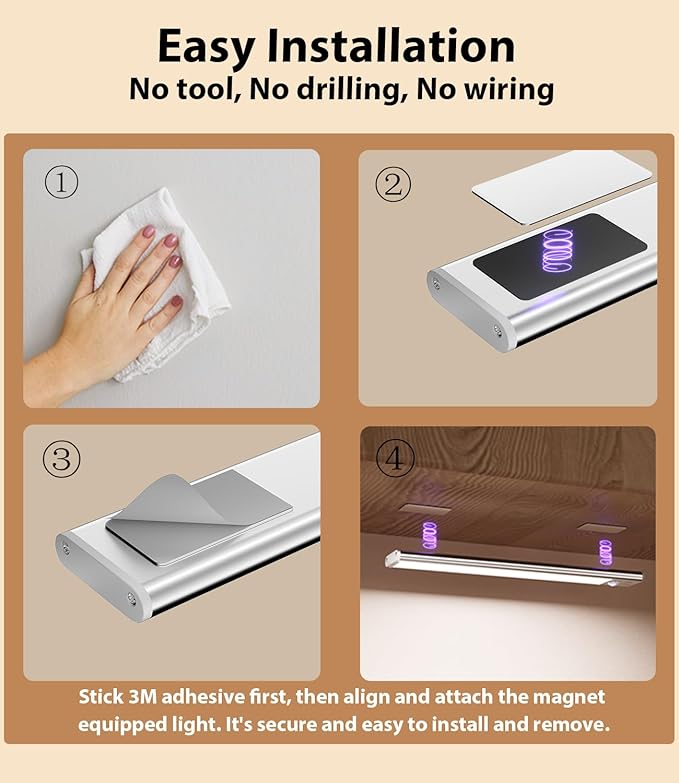 Under Cabinet Lighting, Rechargeable Motion Sensor Light Indoor, 4 Pack Magnetic Dimmable Closet Lights, Wireless Under Counter Lights for Kitchen, Stairs,Hallway(11.8inch)