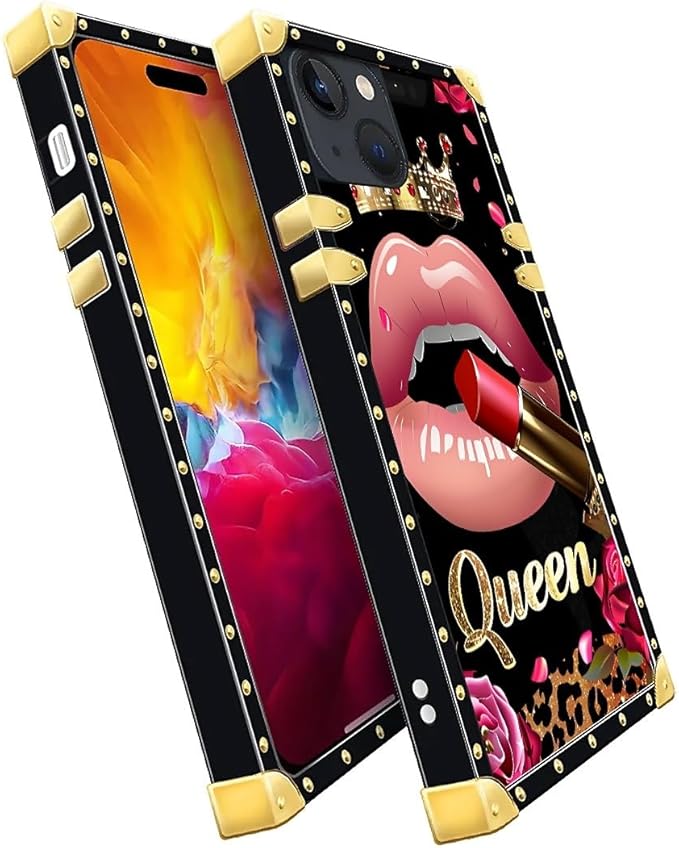 Compatible with iPhone 15 Case, Glitter Red Rose Queen Leopard Lipstick Luxury Golden Decoration for Girl Women Soft TPU Shockproof Protective Hard PC Back for iPhone 15