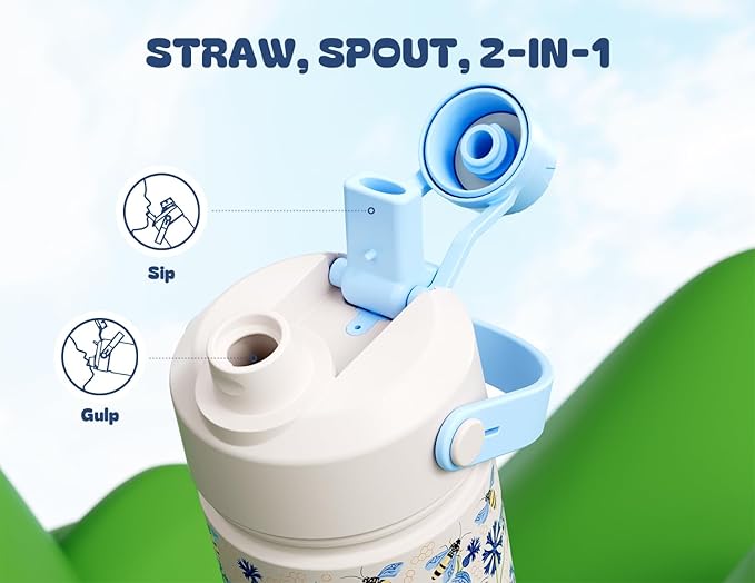 18 oz Kids Water Bottle for School: Spill-Resistant, Insulated 24H Cold Cup with 2-in-1 Straw Spout Lid, BPA-Free, Backpack Friendly, Durable, Cute Birthday Gift for Daughter, Girls (Buzzin' Blues)