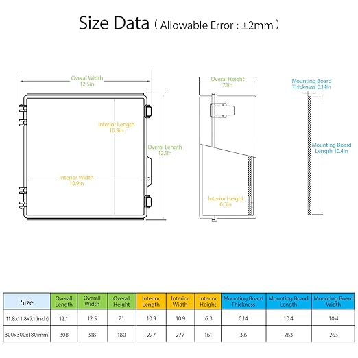 LeMotech Electrical Box, IP67 Waterproof Hinged Cover Stainless Steel Latch Junction Box, ABS Plastic Electrical Enclosure with Mounting Plate,Wall Brackets, Cable Glands, 11.8"x11.8"x7.1", Grey