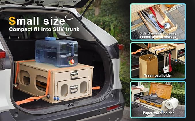 Wooden Overland Camping Slide-Out Kitchen with Drawer, Left Side, for SUV/Storage Space, for 2 Burners Stove, Folding Design