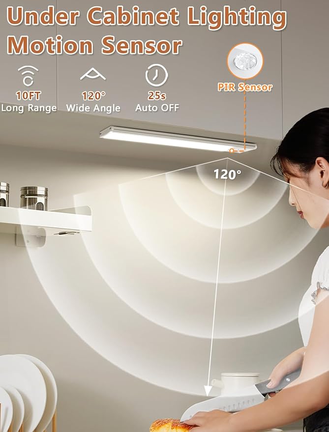 Under Cabinet Motion Sensor Lighting: 14 Inch Dimmable Rechargeable Lights Indoor - Battery Operated Lights - Undercabinet Closet Light Magnetic Led Light for Kitchen Home Bathroom Counter 3 Pack