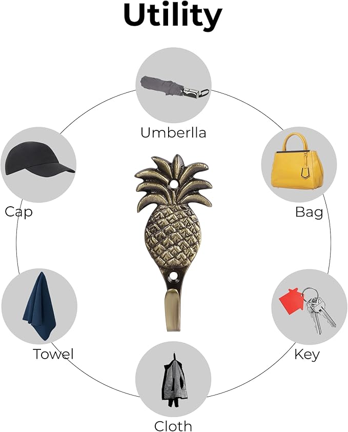 FAPBADRI Multipurpose Hooks, Used to Hang Clothes, Bags, Coats, Curtain Hold Backs, Keys, Colour - Antique Gold, Material - Brass, Pineapple Design, Screws and Wallplugs Included, Pack of 2 Pieces