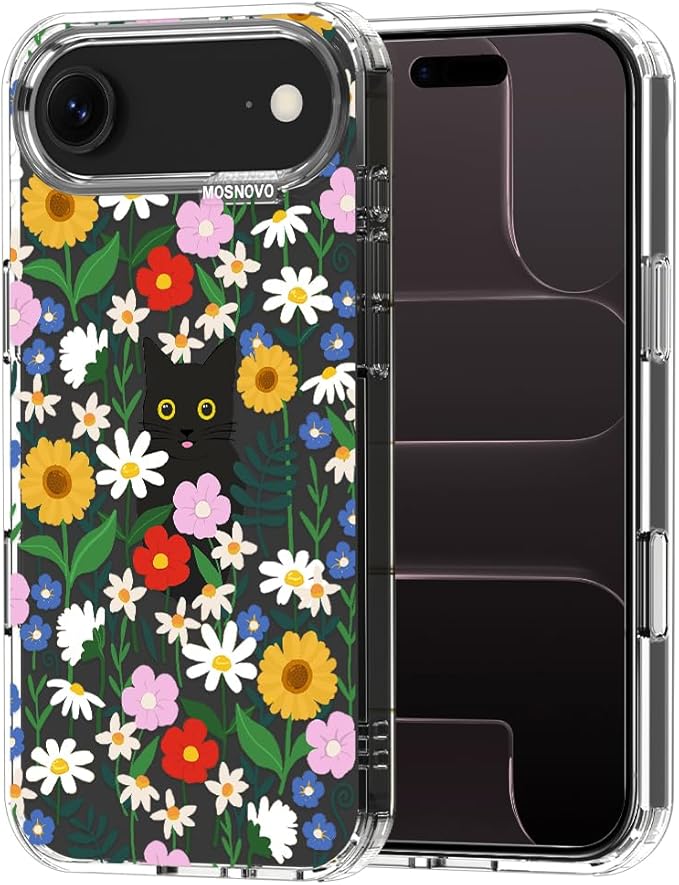 MOSNOVO for iPhone Air Case | Military Grade 6.6ft Drop Tested | Camera Control | Clear with Black Cat in Garden Design
