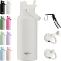 32oz Insulated Water Bottle with 2-in-1 Straw and Spout Lid, 304 Stainless Steel Water Bottle Keep Cold for 24H,Leak-Proof,Sports Water Bottle with Braided Carry Strap for Gym,Travel,Cream White