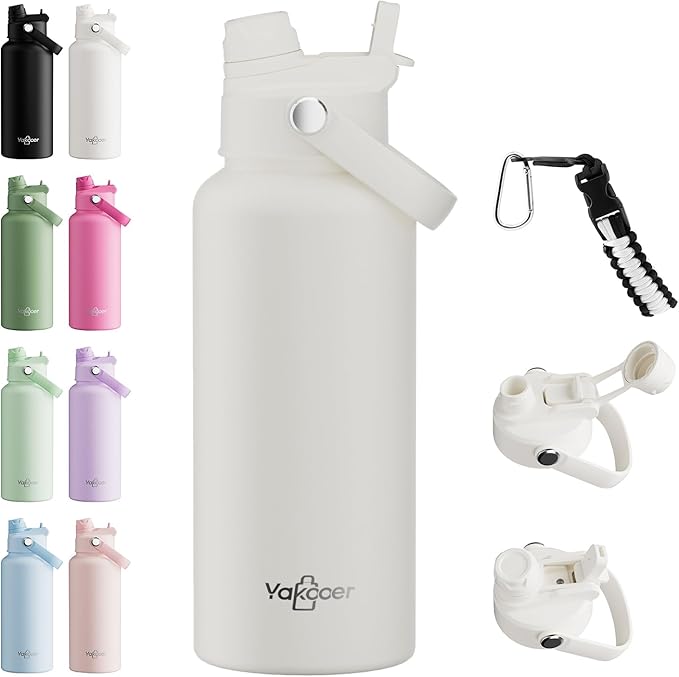32oz Insulated Water Bottle with 2-in-1 Straw and Spout Lid, 304 Stainless Steel Water Bottle Keep Cold for 24H,Leak-Proof,Sports Water Bottle with Braided Carry Strap for Gym,Travel,Cream White