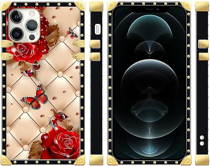 Compatible with iPhone 12 Pro Max Case, Shining Red Rose Butterfly Leather Background Luxury Golden Decoration for Girl Women Soft TPU Shockproof Protective Hard PC Back