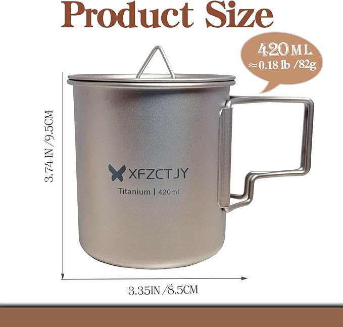 420ml Ultralight Titanium Tea Cup Coffee Mug With Lid Foldable Handle for Backpacking, Hiking Mountaineering