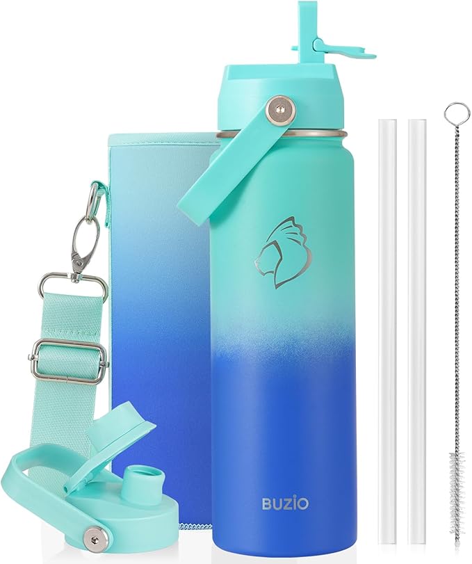 BUZIO 24 oz Insulated Water Bottle, Stainless Steel Wide Mouth Water Flask with Straw Lid, Cold for 48 Hrs Leak Proof Metal Hydro Thermo Canteen Mug, Caribbean Blue