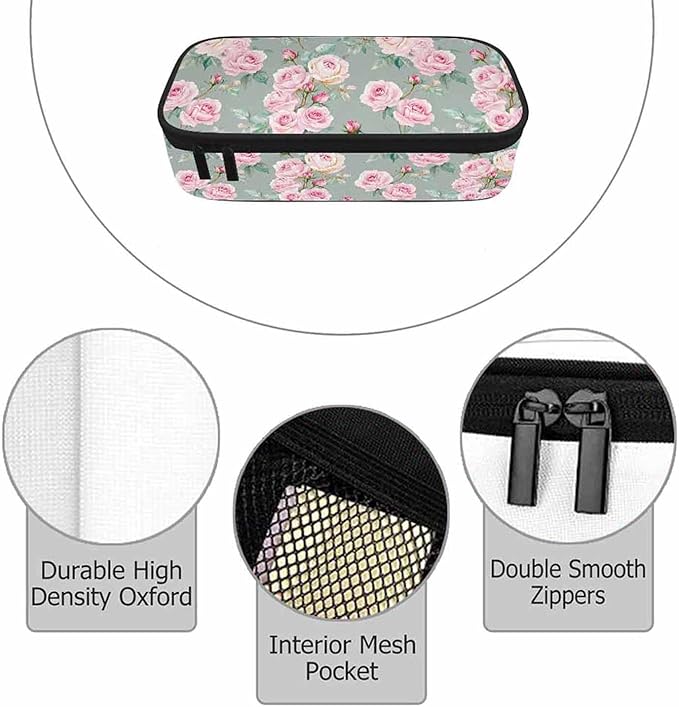 Pink Blooming Flower Pencil Holder Bag Roses Peonies Bouquets Leaves Garden Pencil Case College Office School for Teens Boy Girl