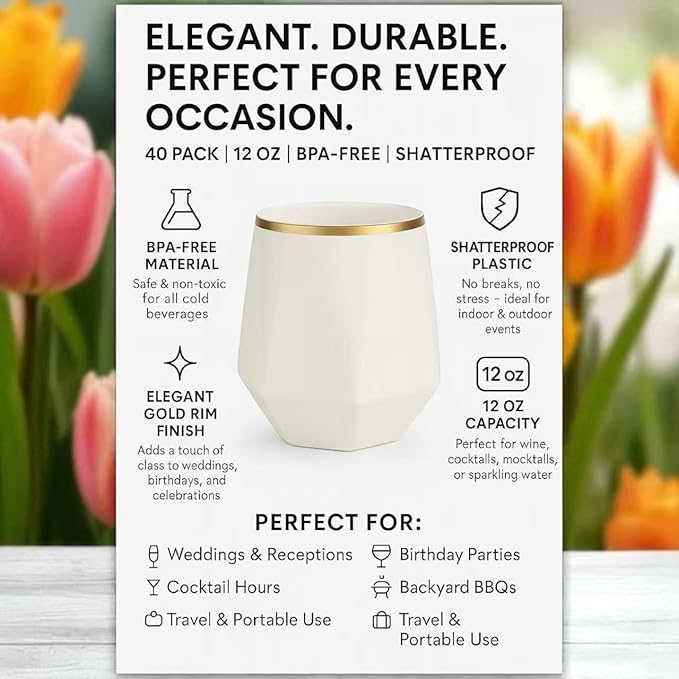 Oojami 40 Pack Diamond Stemless Plastic Wine Glasses Gold Rim, 12 Oz Disposable Clear Champagne Whiskey Cocktail Cups, BPA-Free Shatterproof Unbreakable for Wedding Party Bar (White Gold)