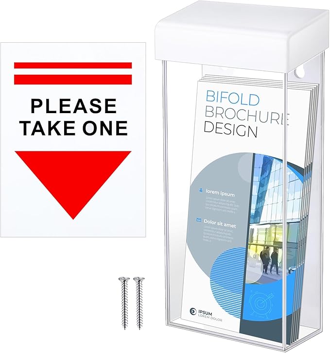 Remerry 1 Pcs Outdoor Brochure Holder 4 x 9 Inch Waterproof Wall Mount with Take One Sticker Literature Box with Clear Pamphlet Holder Acrylic Brochure Flyer Display Map Menu Envelope (White)
